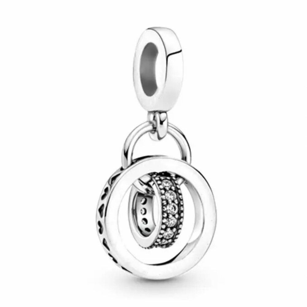 NWOT Intertwined Circles Dangle Charm, Pave Circle Hearts Sterling Silver 925